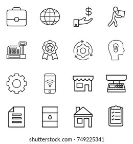 thin line icon set : portfolio, globe, investment, courier, cashbox, medal, around gear, bulb head, phone wireless, shop, market scales, document, barrel, house, clipboard list