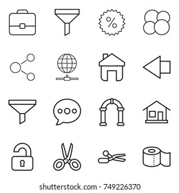 thin line icon set : portfolio, funnel, percent, atom core, molecule, globe connect, home, left arrow, balloon, arch, unlocked, scissors, toilet paper