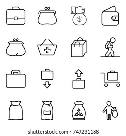 thin line icon set : portfolio, purse, money gift, wallet, add to basket, shopping bag, tourist, suitcase, baggage get, trolley, flour, fertilizer, trash