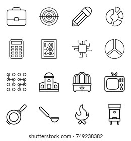 thin line icon set : portfolio, target, pencil, circle diagram, calculator, abacus, chip, mansion, dresser, tv, pan, ladle, fire, hive