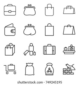 thin line icon set : portfolio, purse, shopping bag, wallet, passenger, suitcase, baggage checking, trolley, flour, fertilizer, construct garbage