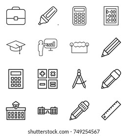 thin line icon set : portfolio, marker, calculator, abacus, graduate hat, presentation, electrostatic, pencil, draw compass, university, school, ruler