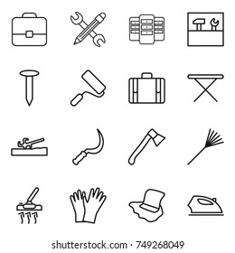 thin line icon set : portfolio, pencil wrench, server, tools, nail, repair, suitcase, iron board, soil cutter, sickle, axe, rake, vacuum cleaner, gloves, floor washing