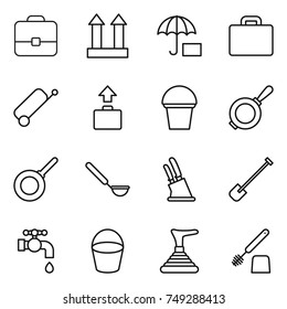 thin line icon set : portfolio, cargo top sign, insurance, suitcase, baggage, bucket, pan, ladle, knife holder, shovel, water tap, plunger, toilet brush