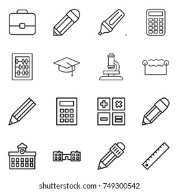 thin line icon set : portfolio, pencil, marker, calculator, abacus, graduate hat, microscope, electrostatic, university, school, ruler thin line icon set : portfolio, pencil, marker, calculator, abacus, graduate hat, microscope, electrostatic, university, school, ruler