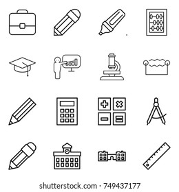 thin line icon set : portfolio, pencil, marker, abacus, graduate hat, presentation, microscope, electrostatic, calculator, draw compass, university, school, ruler