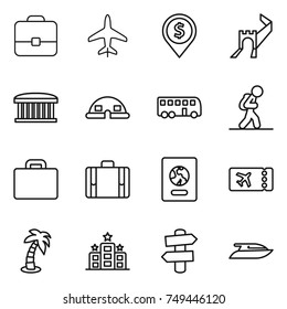 thin line icon set : portfolio, plane, dollar pin, greate wall, airport building, dome house, bus, tourist, suitcase, passport, ticket, palm, hotel, signpost, yacht