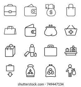 thin line icon set : portfolio, wallet, money gift, shopping bag, purse, add to basket, passenger, suitcase, baggage checking, get, fertilizer, garbage, trash