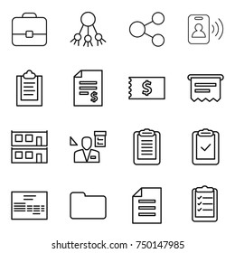 thin line icon set : portfolio, share, pass card, clipboard, account balance, receipt, atm, modular house, architector, check, invoice, documents, document, list