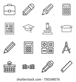 thin line icon set : portfolio, pencil, marker, calculator, abacus, graduate hat, microscope, electrostatic, draw compass, university, school, ruler