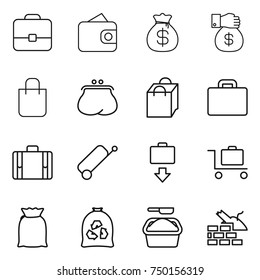 thin line icon set : portfolio, wallet, money bag, gift, shopping, purse, suitcase, baggage get, trolley, flour, garbage, washing powder, construct