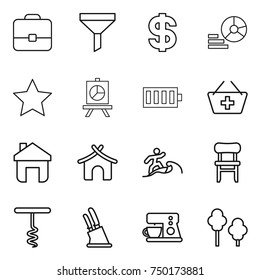 thin line icon set : portfolio, funnel, dollar, diagram, star, presentation, battery, add to basket, home, bungalow, surfer, chair, corkscrew, knife holder, coffee maker, trees