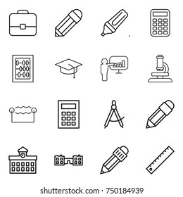 thin line icon set : portfolio, pencil, marker, calculator, abacus, graduate hat, presentation, microscope, electrostatic, draw compass, university, school, ruler