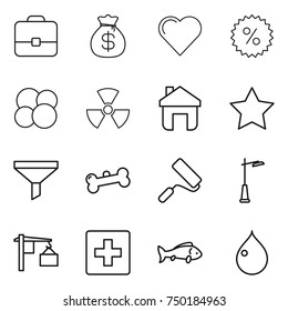 thin line icon set : portfolio, money bag, heart, percent, atom core, nuclear, home, star, funnel, bone, repair, outdoor light, loading, first aid, fish, drop
