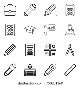 thin line icon set : portfolio, pencil, marker, calculator, abacus, graduate hat, presentation, microscope, draw compass, university, ruler