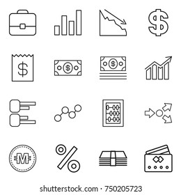 thin line icon set : portfolio, graph, crisis, dollar, receipt, money, diagram, abacus, core splitting, crypto currency, percent, credit card