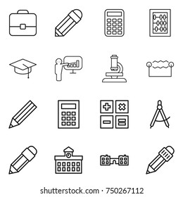 thin line icon set : portfolio, pencil, calculator, abacus, graduate hat, presentation, microscope, electrostatic, draw compass, university, school