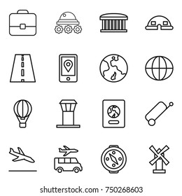 thin line icon set : portfolio, lunar rover, airport building, dome house, road, mobile location, earth, globe, air ballon, tower, passport, suitcase, arrival, transfer, compass, windmill