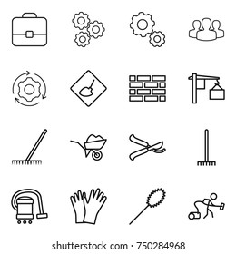 thin line icon set : portfolio, gear, group, around, under construction, brick wall, loading, rake, wheelbarrow, pruner, vacuum cleaner, gloves, duster