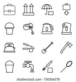 thin line icon set : portfolio, cargo top sign, insurance, baggage get, bucket, mixer, kettle, garlic clasp, shovel, axe, water tap, toilet brush, duster