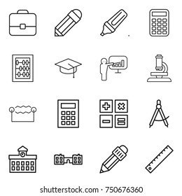 thin line icon set : portfolio, pencil, marker, calculator, abacus, graduate hat, presentation, microscope, electrostatic, draw compass, university, school, ruler