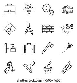 thin line icon set : portfolio, 24 7, gear, team, under construction, draw compass, brick wall, phone, loading, suitcase, axe, rake, vacuum cleaner, scraper, clothespin