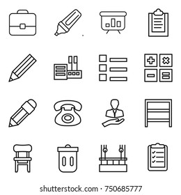 thin line icon set : portfolio, marker, presentation, clipboard, pencil, store, list, calculator, phone, client, rack, chair, trash bin, skysrcapers cleaning