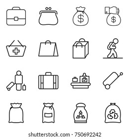 thin line icon set : portfolio, purse, money bag, gift, add to basket, shopping, tourist, passenger, suitcase, baggage checking, flour, fertilizer, garbage