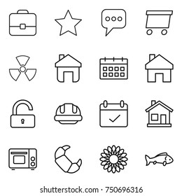 thin line icon set : portfolio, star, message, delivery, nuclear, home, calendar, unlock, building helmet, terms, grill oven, croissant, flower, fish