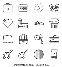 thin line icon set : portfolio, calendar, lightning, bow, heart, mansion, drawbridge, antique column, curtain, dresser, mixer, slippers, pan, sieve, hive