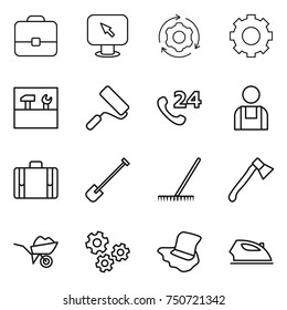 thin line icon set : portfolio, monitor arrow, around gear, tools, repair, phone 24, workman, suitcase, shovel, rake, axe, wheelbarrow, gears, floor washing, iron