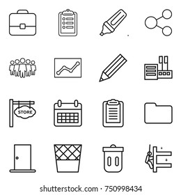 thin line icon set : portfolio, clipboard, marker, share, team, statistics, pencil, store, signboard, calendar, documents, door, trash bin, skyscrapers cleaning