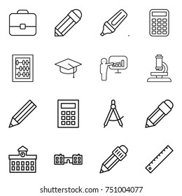 thin line icon set : portfolio, pencil, marker, calculator, abacus, graduate hat, presentation, microscope, draw compass, university, school, ruler