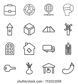 thin line icon set : portfolio, target audience, globe connect, virtual mask, tower, 3d, pyramid, windmill, arch window, smart house, shipping, remote control, key, onion, warehouse, eggplant