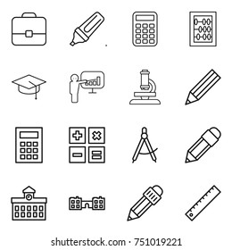 thin line icon set : portfolio, marker, calculator, abacus, graduate hat, presentation, microscope, pencil, draw compass, university, school, ruler