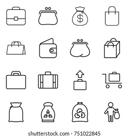 thin line icon set : portfolio, purse, money bag, shopping, wallet, suitcase, baggage, trolley, flour, fertilizer, garbage, trash