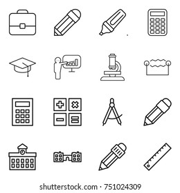 thin line icon set : portfolio, pencil, marker, calculator, graduate hat, presentation, microscope, electrostatic, draw compass, university, school, ruler