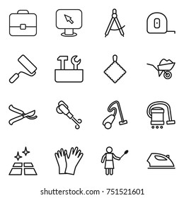 thin line icon set : portfolio, monitor arrow, draw compass, measuring tape, repair, tools, rag, wheelbarrow, pruner, blower, vacuum cleaner, clean floor, gloves, woman with duster, iron