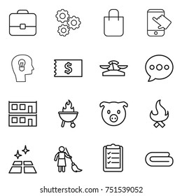 thin line icon set : portfolio, gear, shopping bag, touch, bulb head, receipt, scales, balloon, modular house, bbq, pig, fire, clean floor, brooming, clipboard list, towel