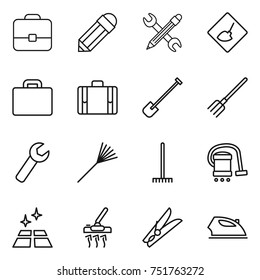 thin line icon set : portfolio, pencil, wrench, under construction, suitcase, shovel, fork, rake, vacuum cleaner, clean floor, clothespin, iron
