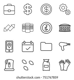 thin line icon set : portfolio, dollar, gear, up down arrow, server, info, airport building, mobile location, terms, documents, hair dryer, kettle, seeds, flour, gloves