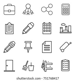 thin line icon set : portfolio, share, calculator, clipboard, pencil, building, city, pin, document, suitcase, door, bucket and broom, skyscrapers cleaning, list