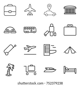 thin line icon set : portfolio, plane, car pointer, airport building, dome house, bus, passenger, suitcase, departure, hotel, tent, palm, baggage trolley, yacht, bed