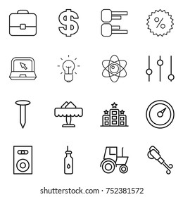 thin line icon set : portfolio, dollar, diagram, percent, notebook, bulb, atom, equalizer, nail, restaurant, hotel, barometer, speaker, vegetable oil, tractor, blower