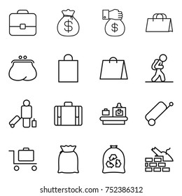 thin line icon set : portfolio, money bag, gift, shopping, purse, tourist, passenger, suitcase, baggage checking, trolley, flour, garbage, construct