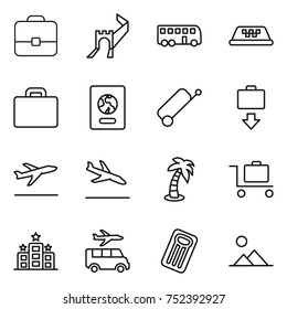 thin line icon set : portfolio, greate wall, bus, taxi, suitcase, passport, baggage get, departure, arrival, palm, trolley, hotel, transfer, inflatable mattress, landscape
