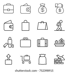 thin line icon set : portfolio, wallet, money bag, gift, shopping, tourist, passenger, suitcase, baggage checking, trolley, flour, construct garbage