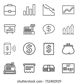 thin line icon set : portfolio, graph, crisis, statistics, presentation, cashbox, money message, up, phone pay, dollar coin, receipt, purse, atm, invoice