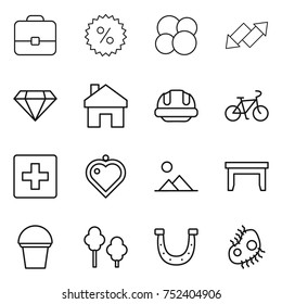 thin line icon set : portfolio, percent, atom core, up down arrow, diamond, home, building helmet, bike, first aid, heart pendant, landscape, table, bucket, trees, horseshoe, microb