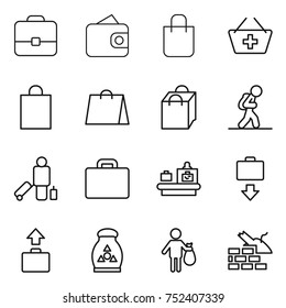 thin line icon set : portfolio, wallet, shopping bag, add to basket, tourist, passenger, suitcase, baggage checking, get, fertilizer, trash, construct garbage
